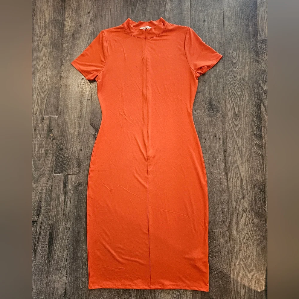 Women's szL Elegant Orange Zippered Midi Dress Body Hugging Fall Festival Career
